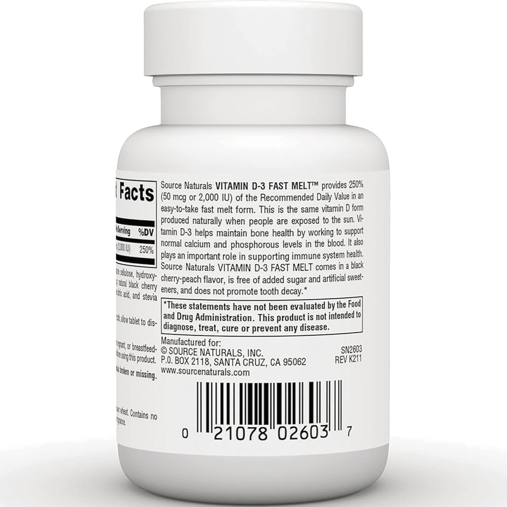 SN655 | Back label of Source Naturals Vitamin D-3 Fast Melt with Supplement Facts, ingredients, and barcode - Thumbnail