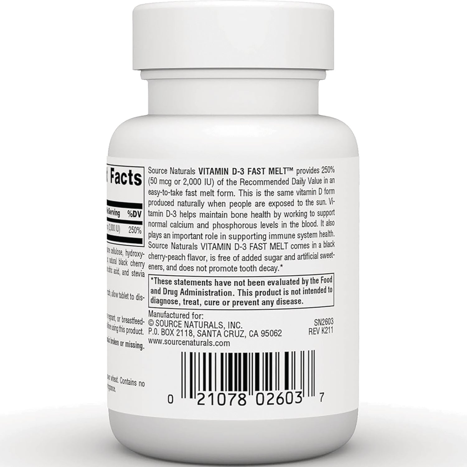 SN655 | Back label of Source Naturals Vitamin D-3 Fast Melt with Supplement Facts, ingredients, and barcode