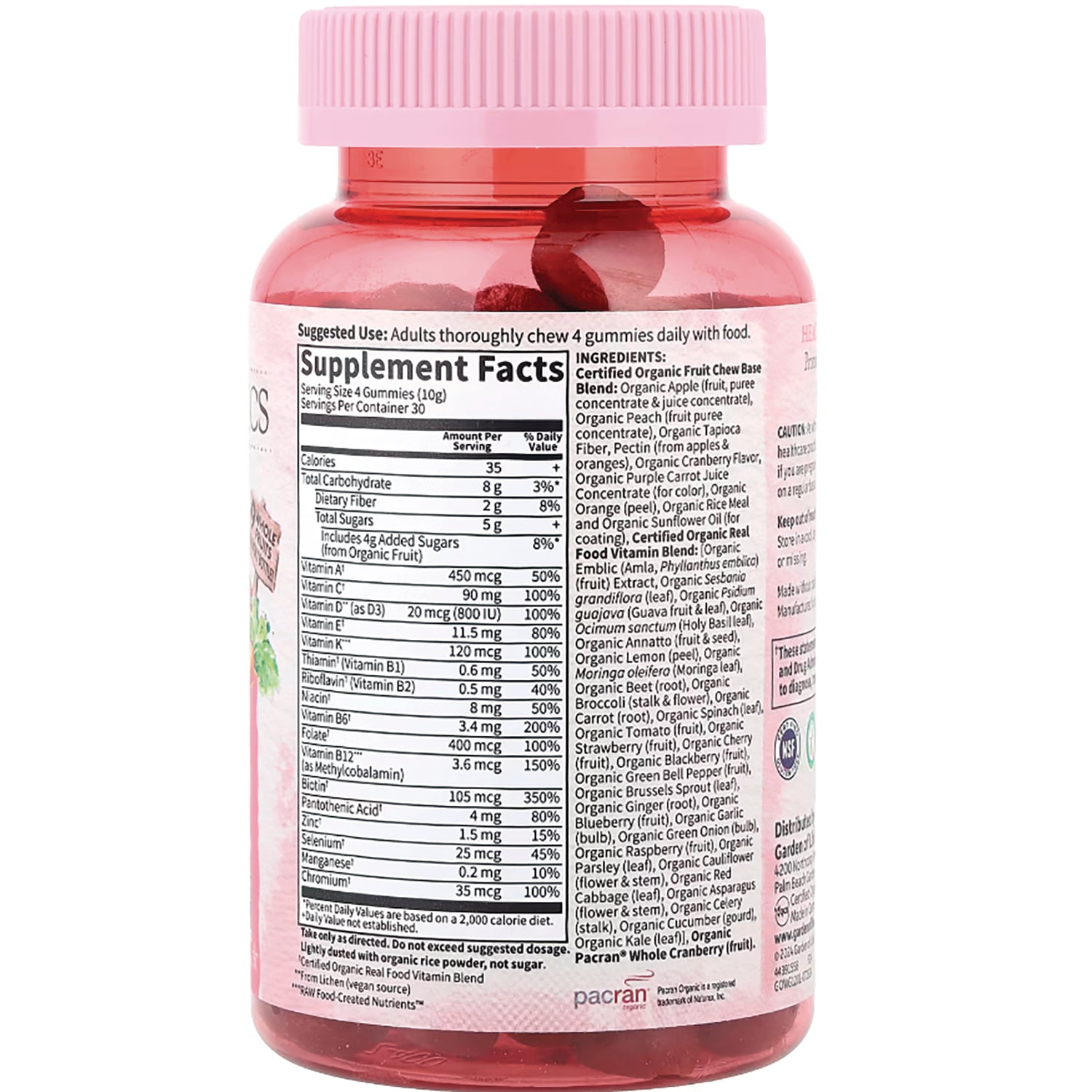 GLF239 | back label showing Supplement Facts and ingredient list on pink gummy bottle