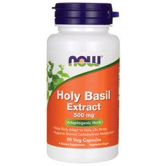 NWF825 | NOW Holy Basil Extract 500 mg white bottle with orange label, 90 veg capsules