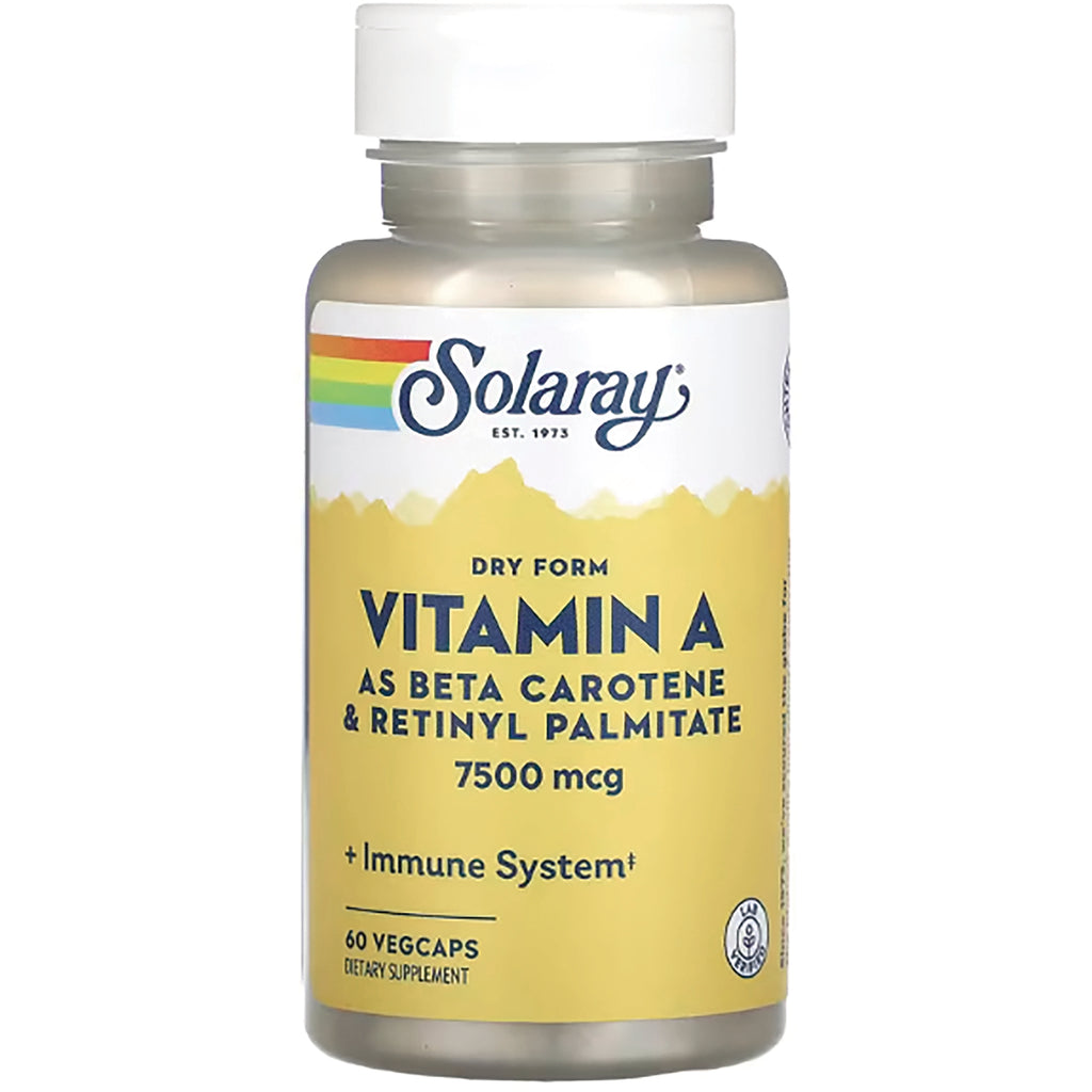 SLR281 | Solaray Vitamin A dry form 7500 mcg bottle with yellow label, 60 vegcaps - Thumbnail