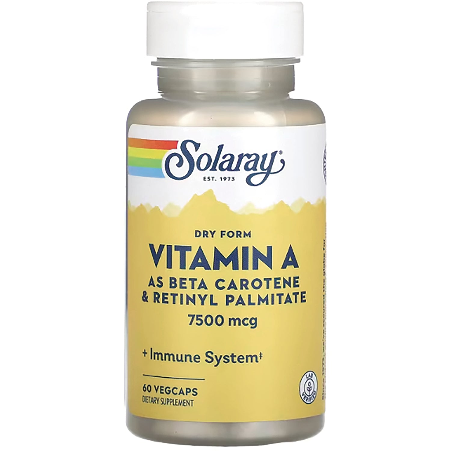 SLR281 | Solaray Vitamin A dry form 7500 mcg bottle with yellow label, 60 vegcaps