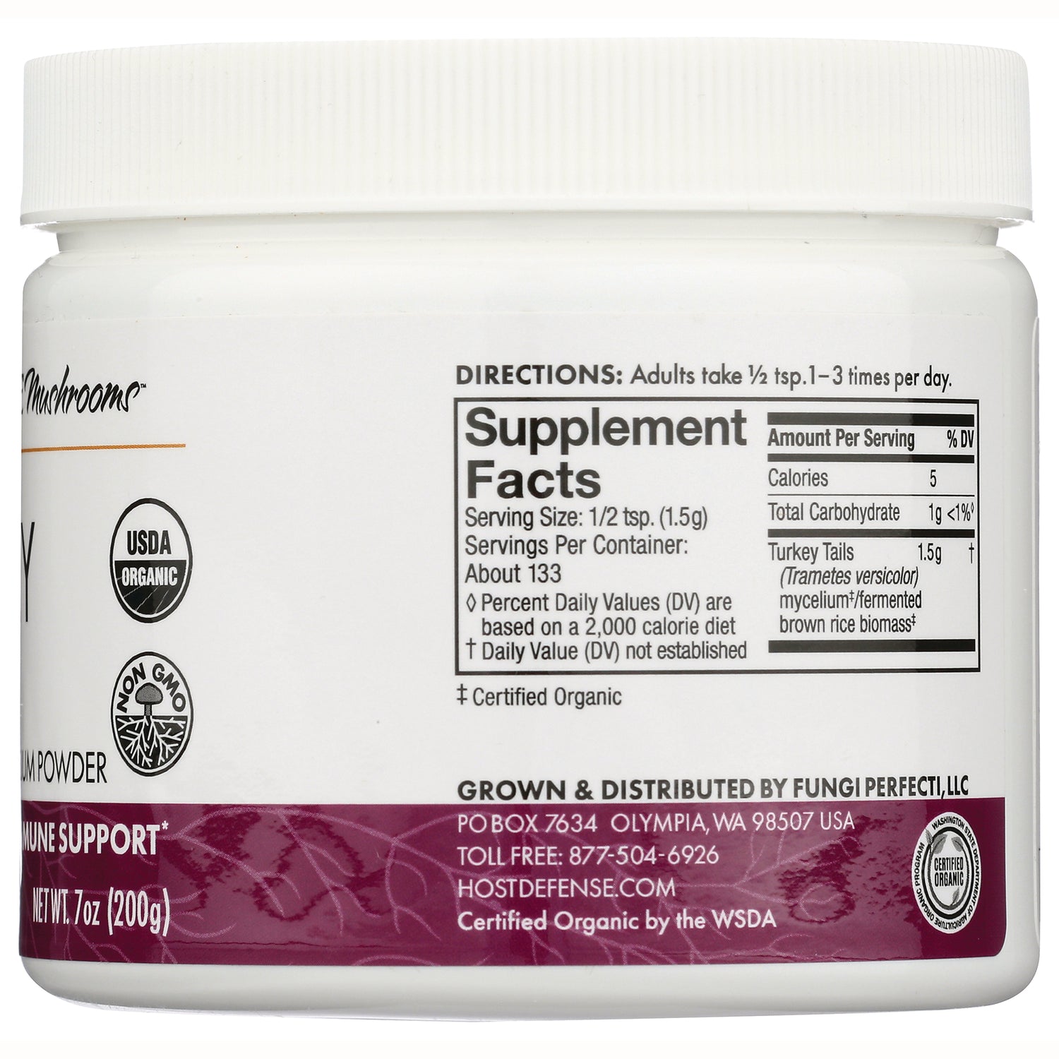 FUN050 | back label showing Supplement Facts panel, directions, USDA Organic and Non GMO seals, net wt 7 oz (200g)