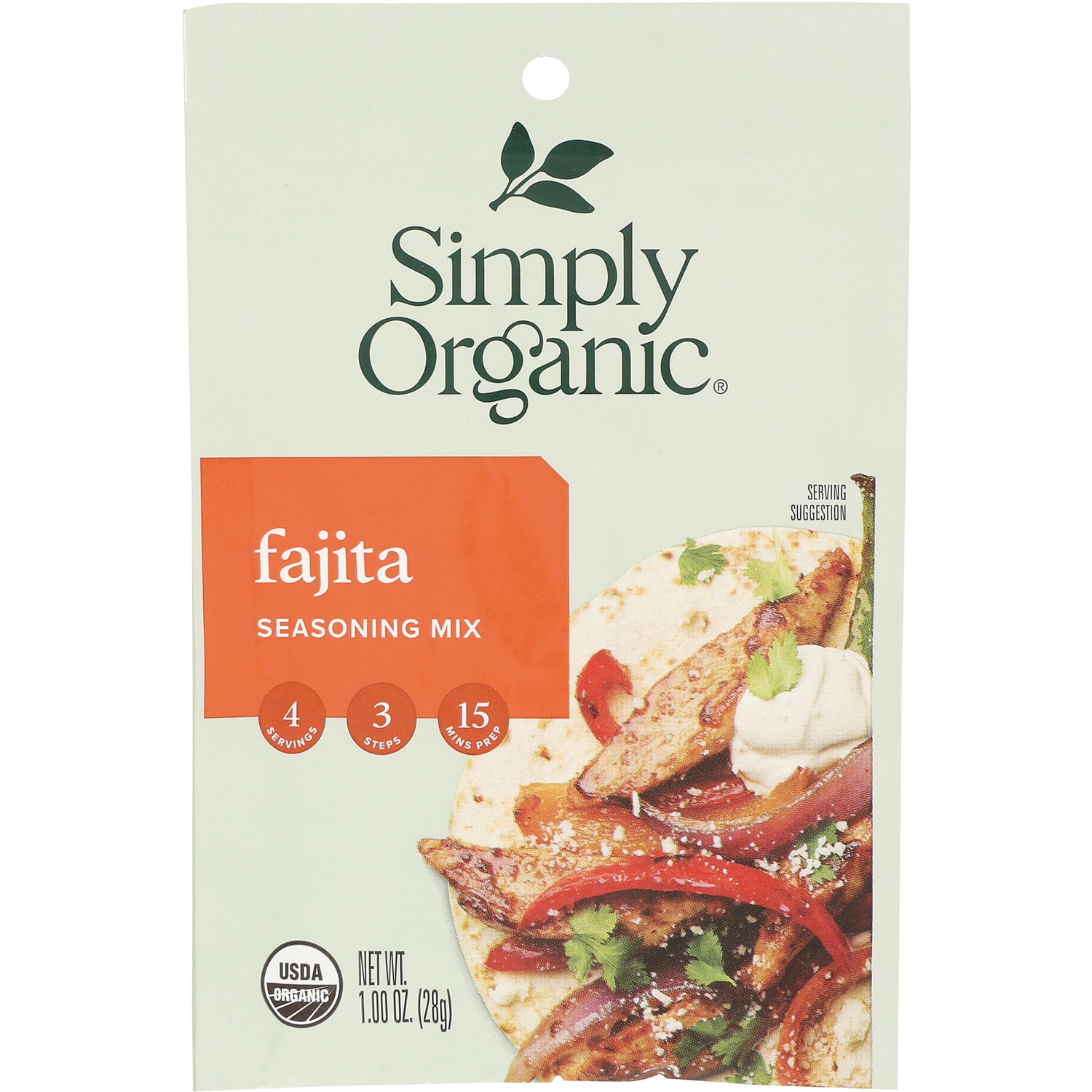SMP007 | Simply Organic fajita seasoning mix pouch with fajita serving suggestion and USDA Organic seal