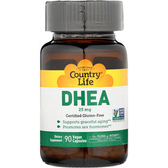 CRL264 | Amber supplement bottle labeled Country Life DHEA 25 mg, Certified Gluten-Free, 90 vegan capsules