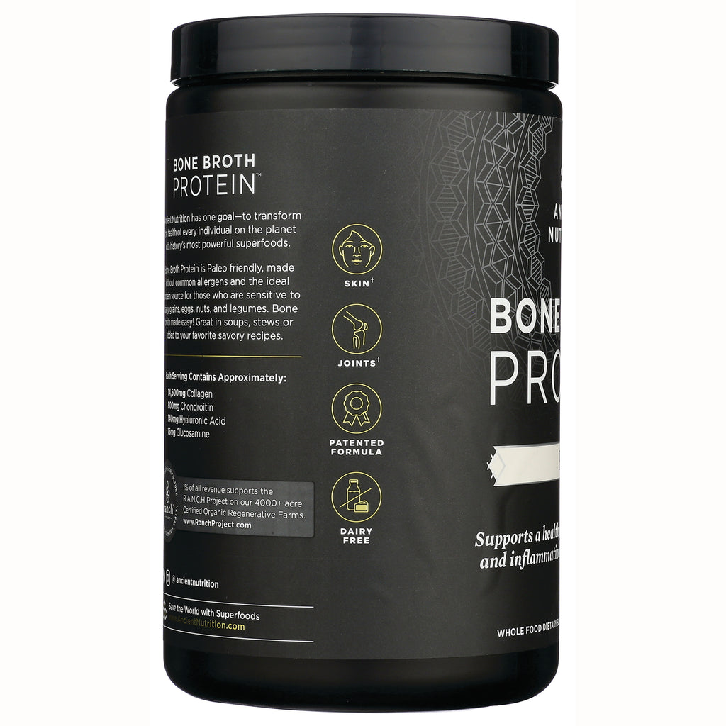 ATN001 | Side label of Bone Broth Protein tub showing icons labeled Skin, Joints, Patented Formula and Dairy Free - Thumbnail