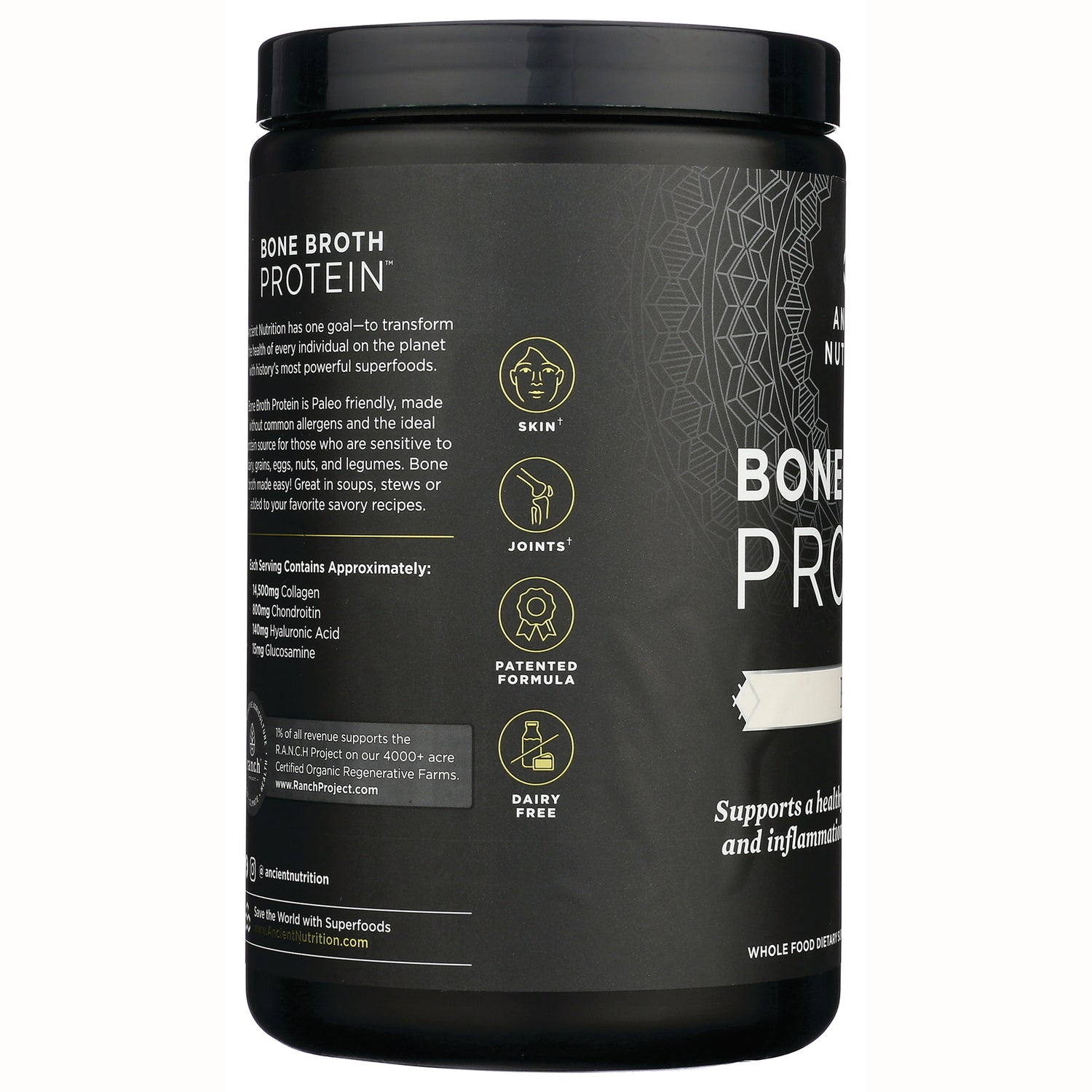 ATN001 | Side label of Bone Broth Protein tub showing icons labeled Skin, Joints, Patented Formula and Dairy Free