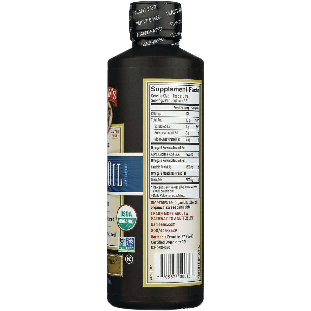Supplement facts panel, ingredients, barcode and USDA Organic seal on back of dark supplement bottle - Thumbnail