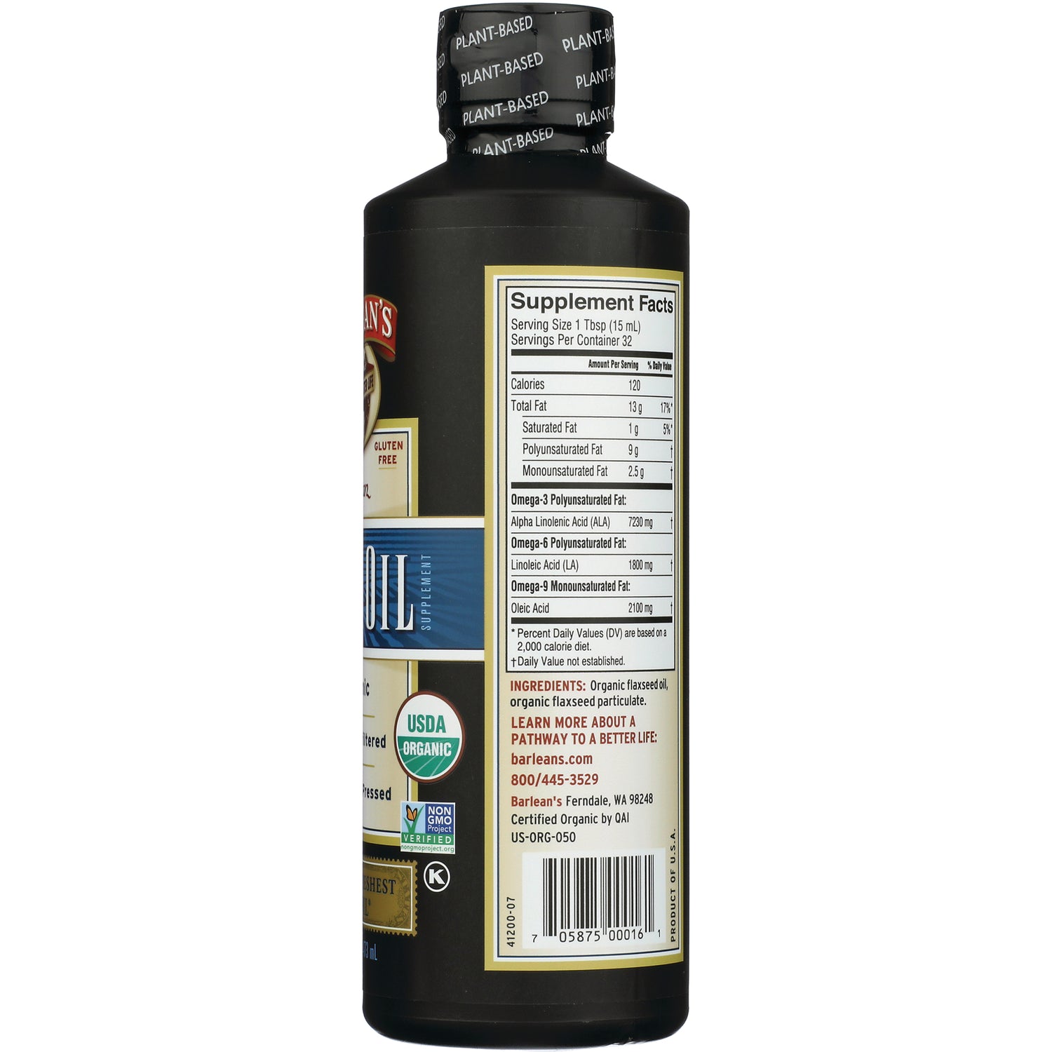 Supplement facts panel, ingredients, barcode and USDA Organic seal on back of dark supplement bottle