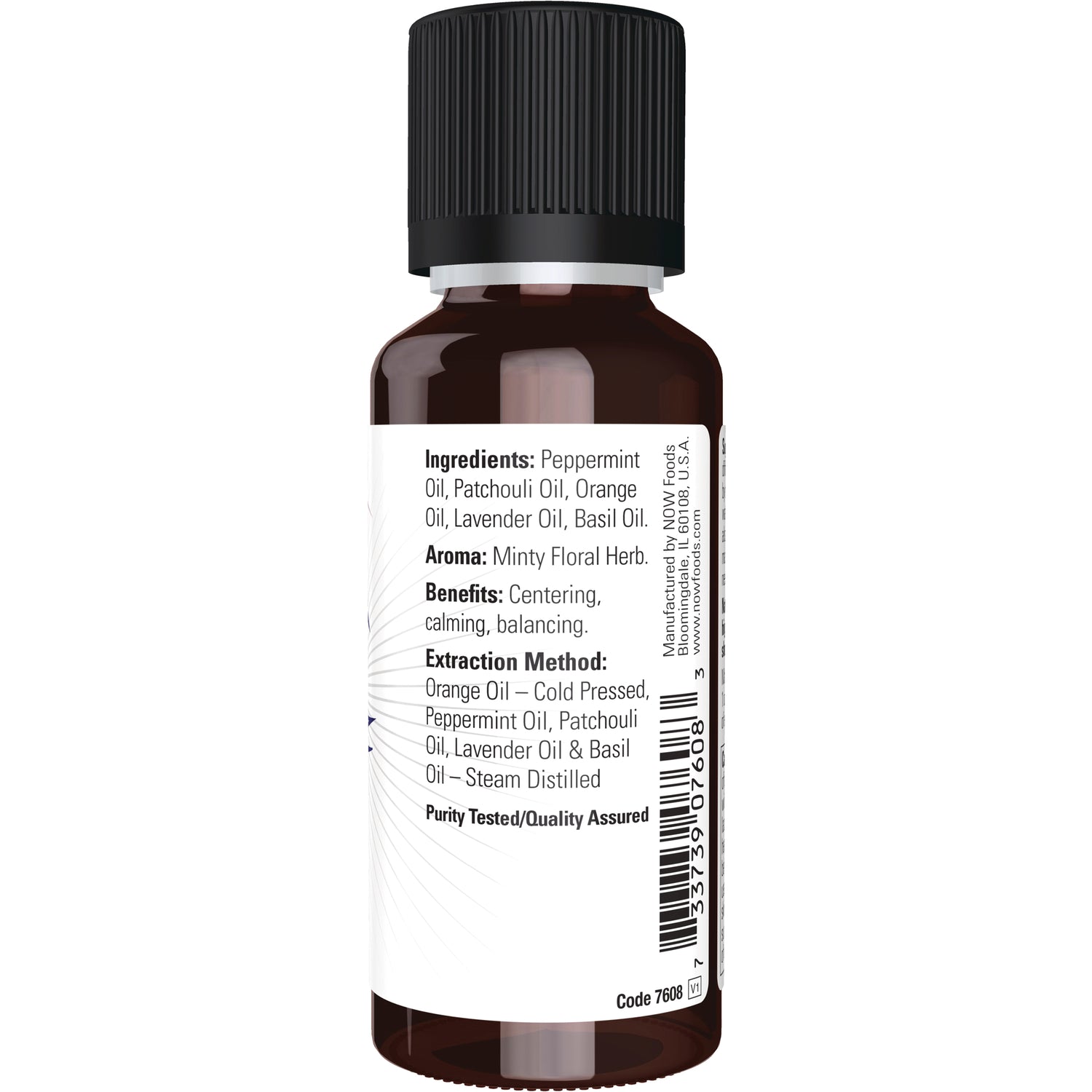 NWF1229 | Back label of amber essential oil bottle showing ingredients, extraction method, and barcode