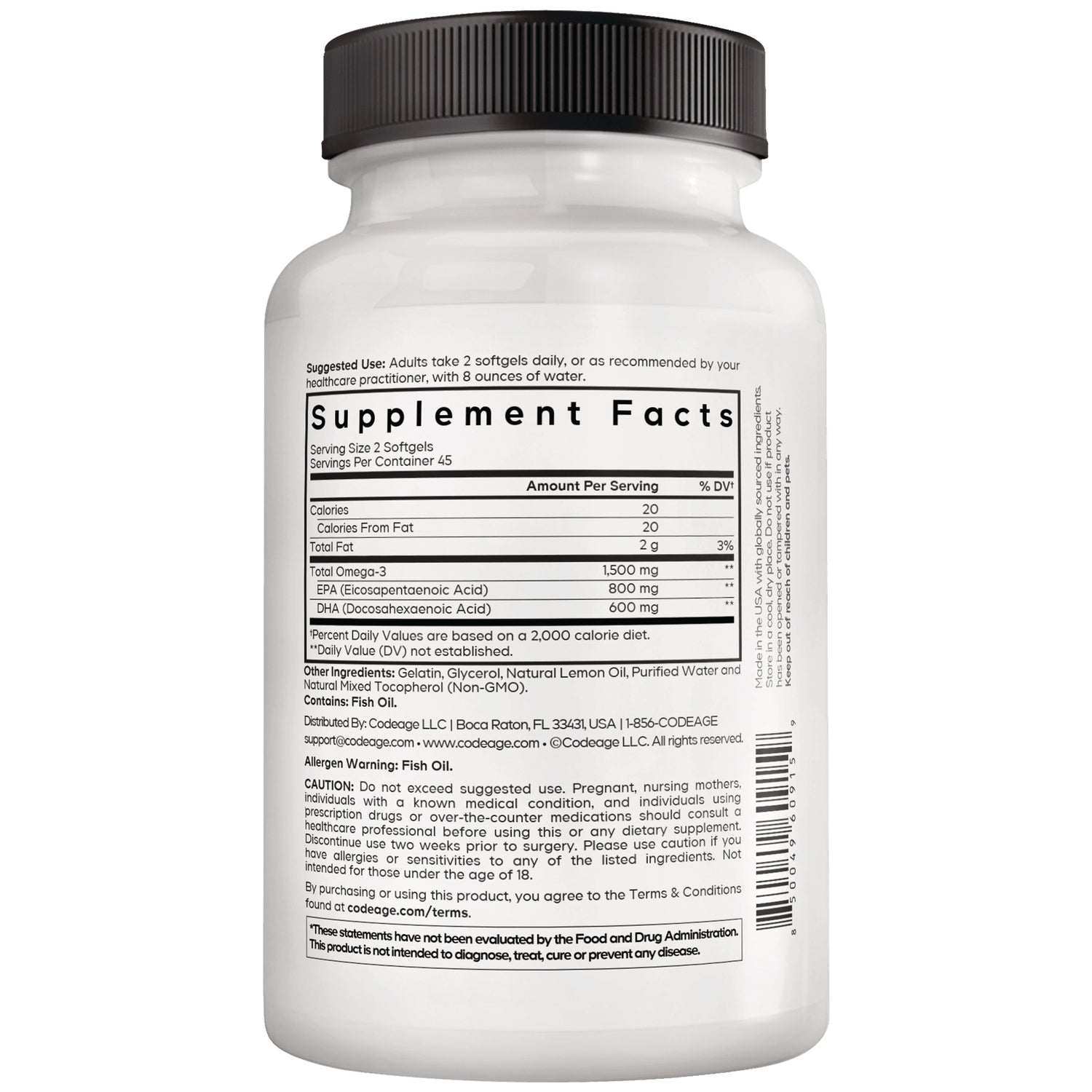 CDG051 | Back of white supplement bottle showing Supplement Facts panel, nutrition facts, ingredients, and caution text