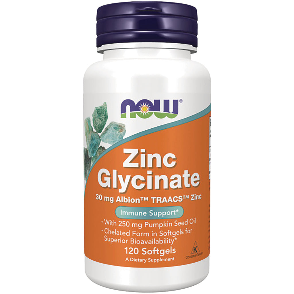 NWF918 | NOW Zinc Glycinate supplement bottle, 120 softgels, 30 mg Albion TRAACS zinc, orange label, front view - Thumbnail