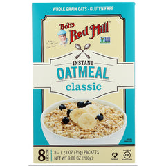 BOB467 | Bob's Red Mill Instant Oatmeal classic box showing bowl of oatmeal topped with banana slices and blueberries