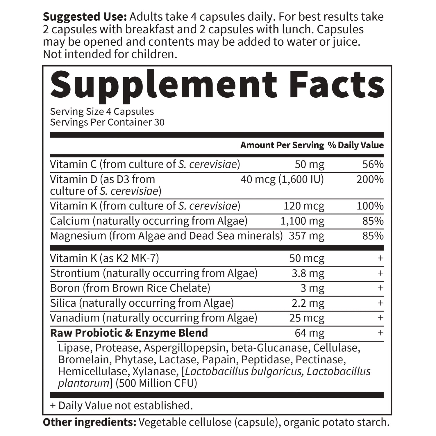 GLF064 | Supplement Facts panel listing vitamins, minerals, serving size 4 capsules and probiotic and enzyme blend