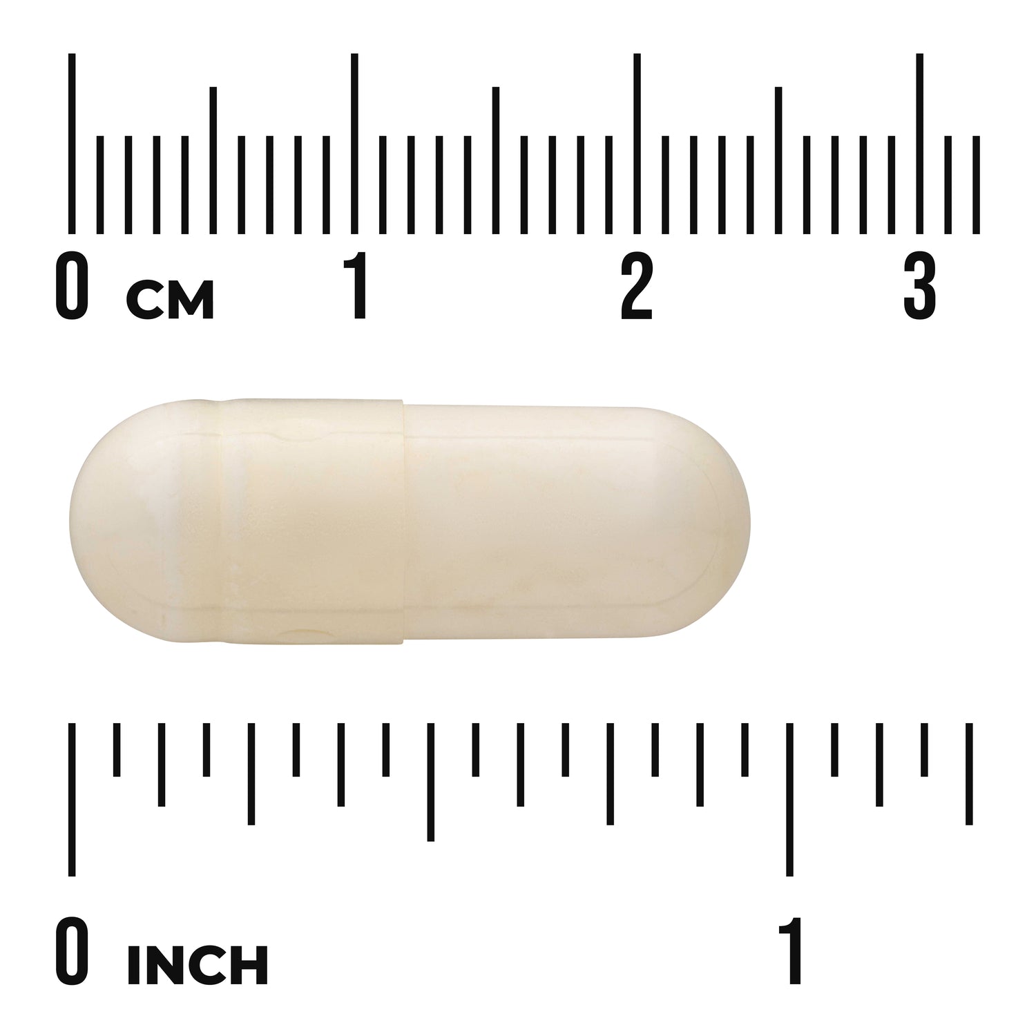 SW1367 | White capsule next to centimeter and inch rulers showing size, visible text "cm" and "inch"