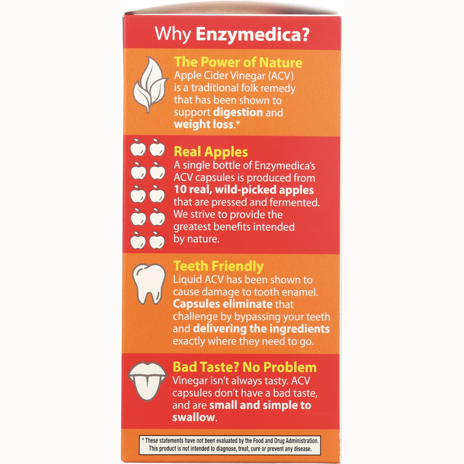 EMD077 | product infographic listing benefits of Enzymedica ACV capsules: made from real apples, teeth friendly, no bad taste, easy to swallow