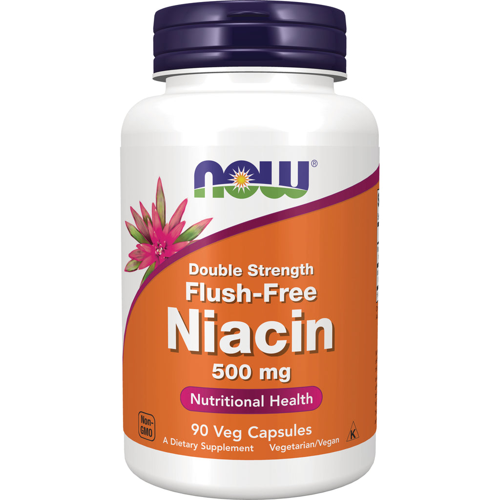 NWF604 | NOW Double Strength Flush-Free Niacin 500 mg white bottle with orange label, 90 veg capsules - Thumbnail
