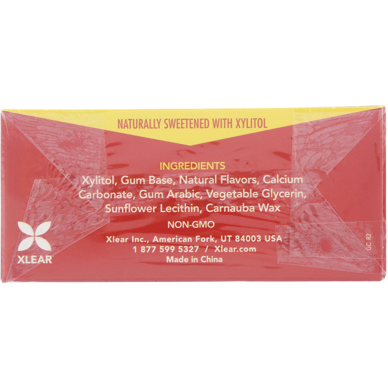 XL014 | Back of Xlear gum package with ingredients: Xylitol, gum base, natural flavors; non-GMO