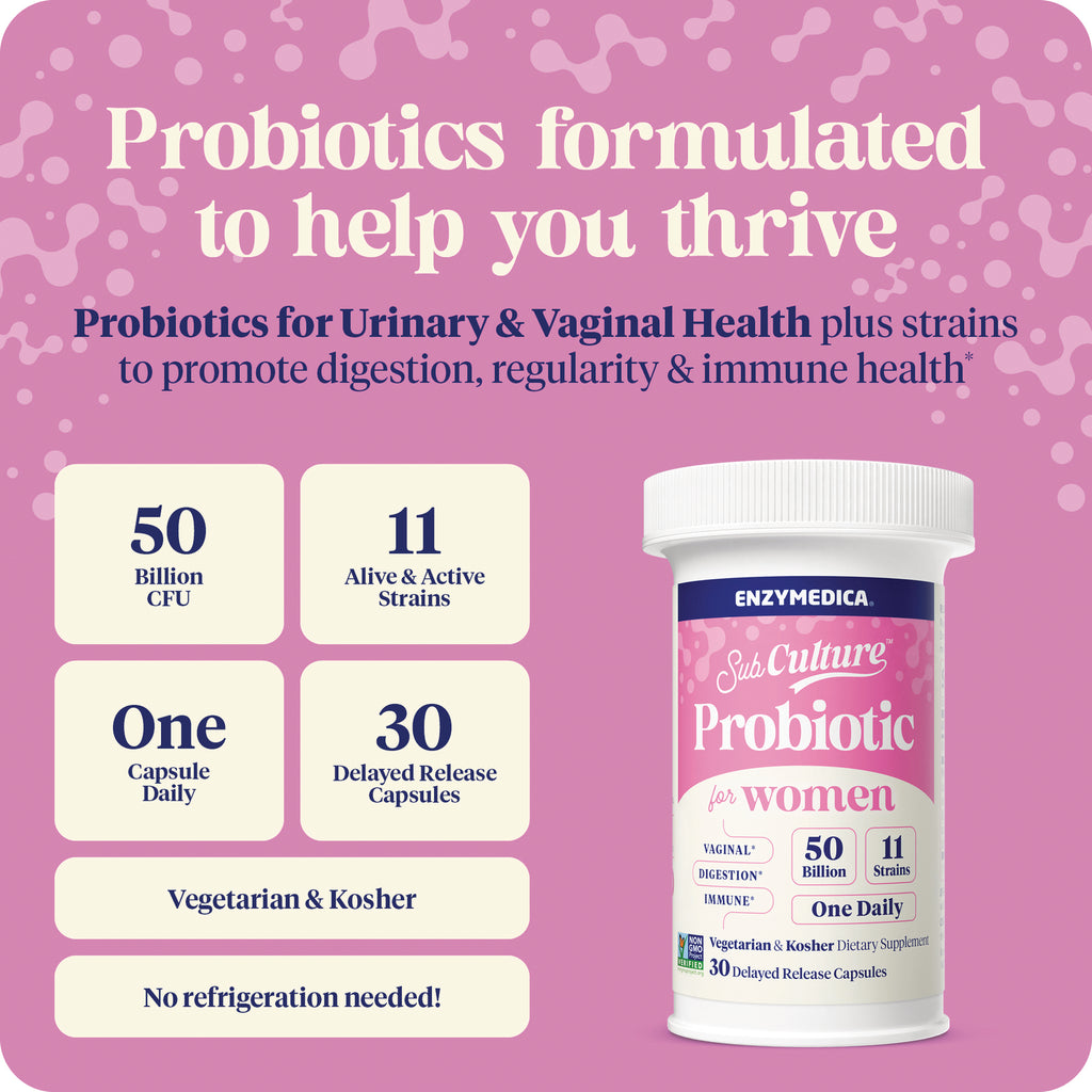 EMD104 | Pink product infographic showing Probiotic for women bottle and feature blocks: 50 Billion CFU, 11 strains, one capsule daily - Thumbnail