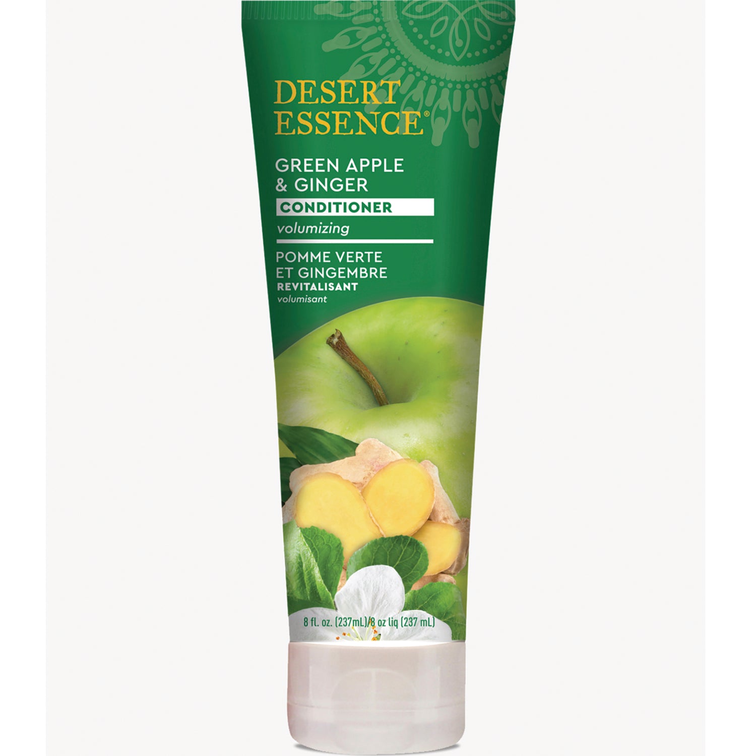 DST039 | Desert Essence Green Apple & Ginger volumizing conditioner tube with apple and ginger graphics, 8 fl oz