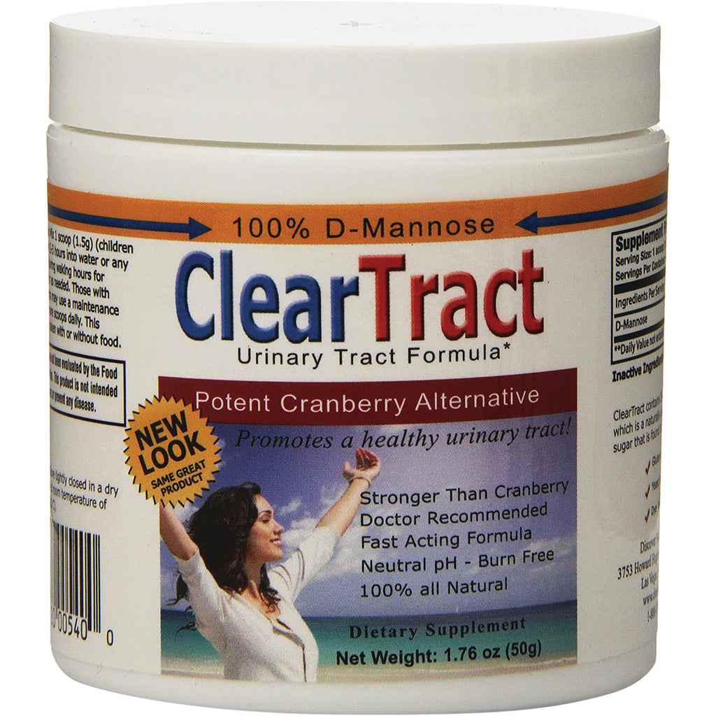 CLE002 | White jar front showing ClearTract urinary tract formula label 100% D-Mannose and woman with arms raised - Thumbnail