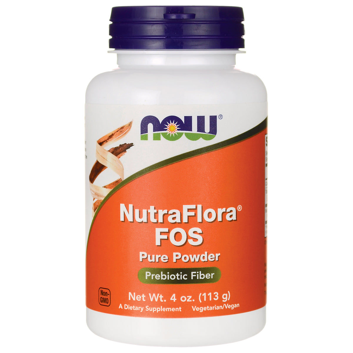 NWF694 | NOW NutraFlora FOS Pure Powder prebiotic fiber 4 oz white bottle with orange label and purple cap