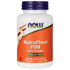 NWF694 | NOW NutraFlora FOS Pure Powder prebiotic fiber 4 oz white bottle with orange label and purple cap