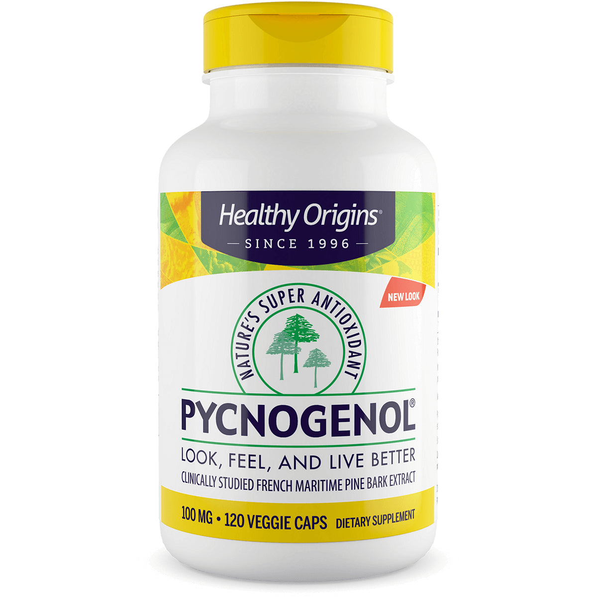 HRG062 | Healthy Origins Pycnogenol supplement bottle, 100 mg, 120 veggie caps, white bottle with yellow cap