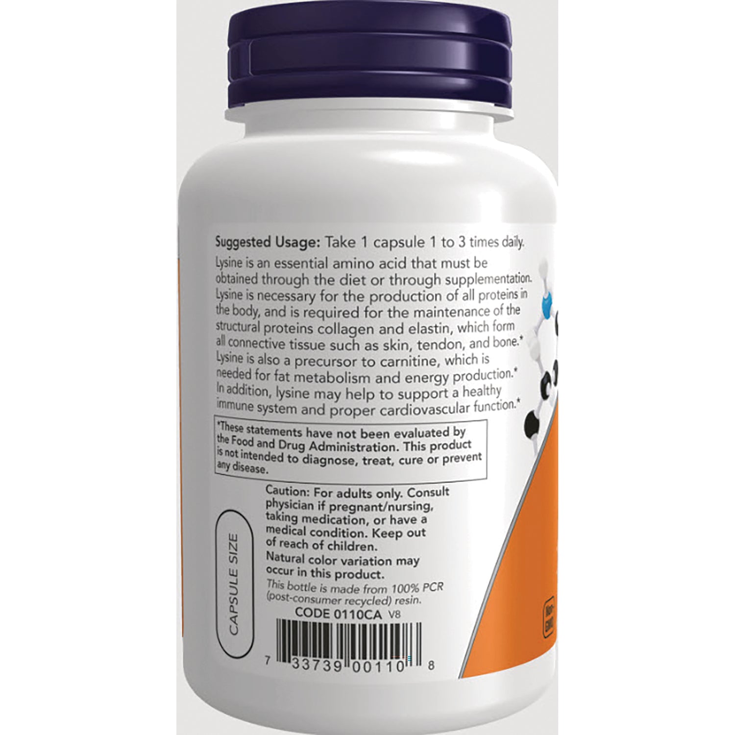 NWF062 | Back of white supplement bottle showing suggested usage, caution text, capsule size oval, and barcode