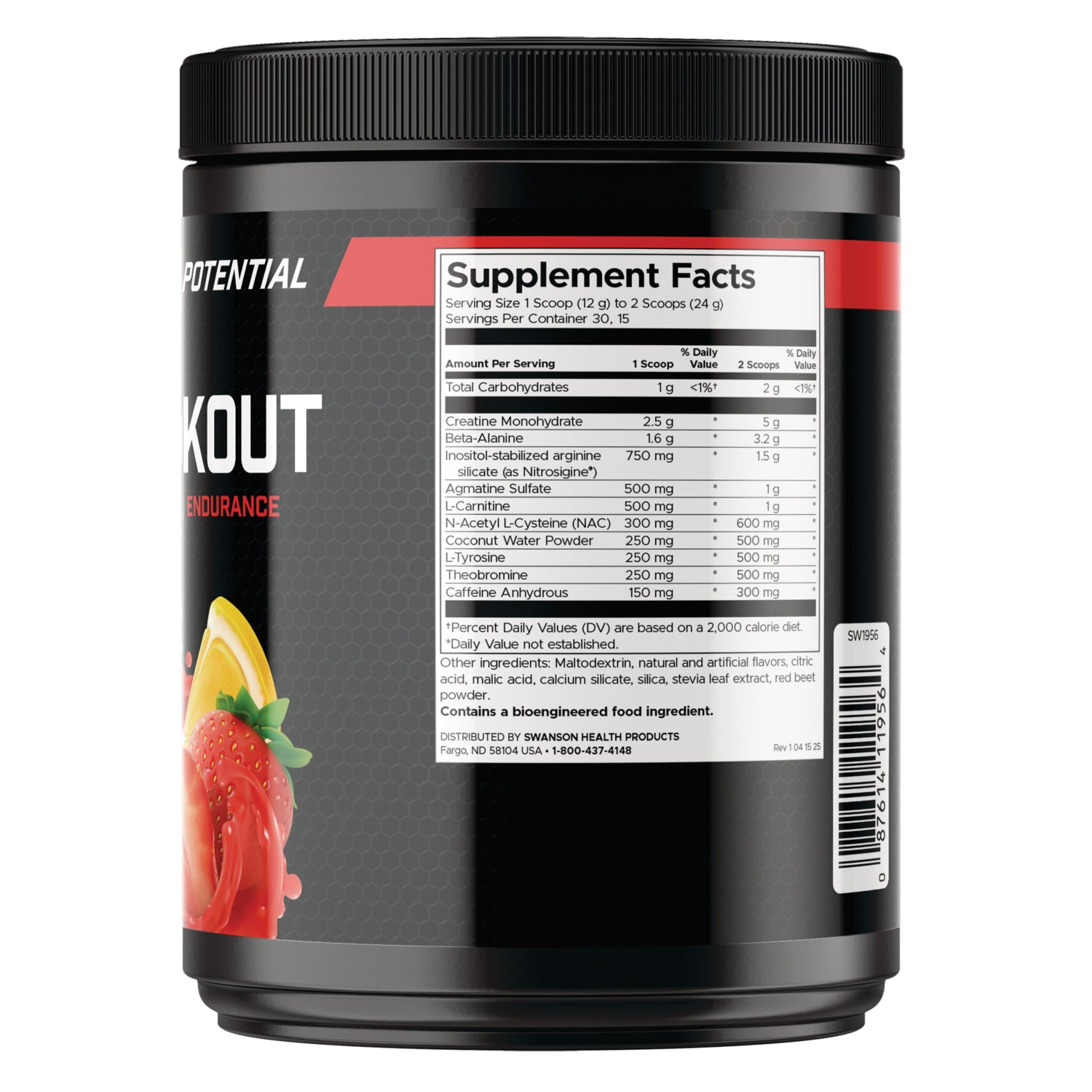 SW1956 | Back of supplement tub showing Supplement Facts panel, ingredients, and barcode