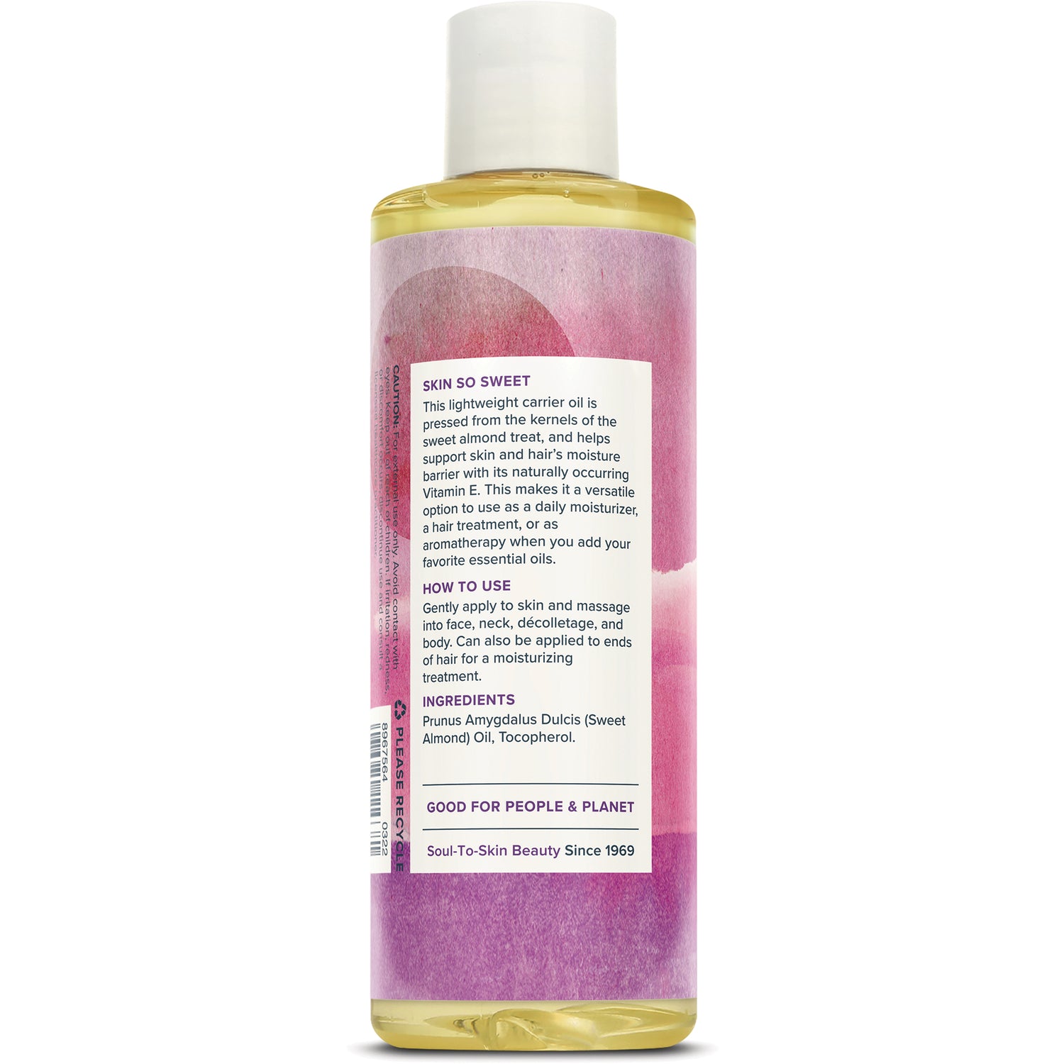 HTG014 | Back label of sweet almond oil bottle showing how to use, ingredients, and Good for People & Planet statement