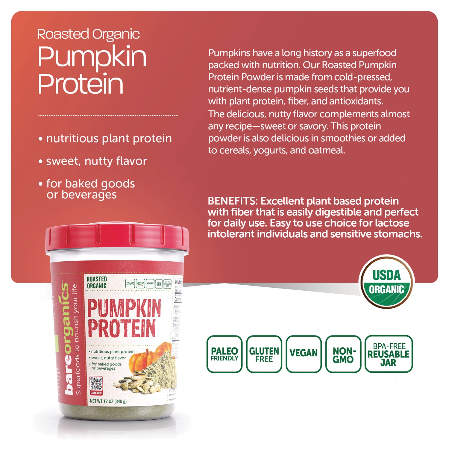 BOR068 | infographic panel showing roasted organic Pumpkin Protein powder tub, benefits text and certification icons including USDA ORGANIC