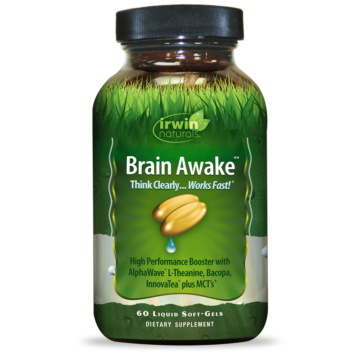 IR138 | Brain Awake Irwin Naturals green bottle front showing 60 Liquid Soft-Gels dietary supplement label