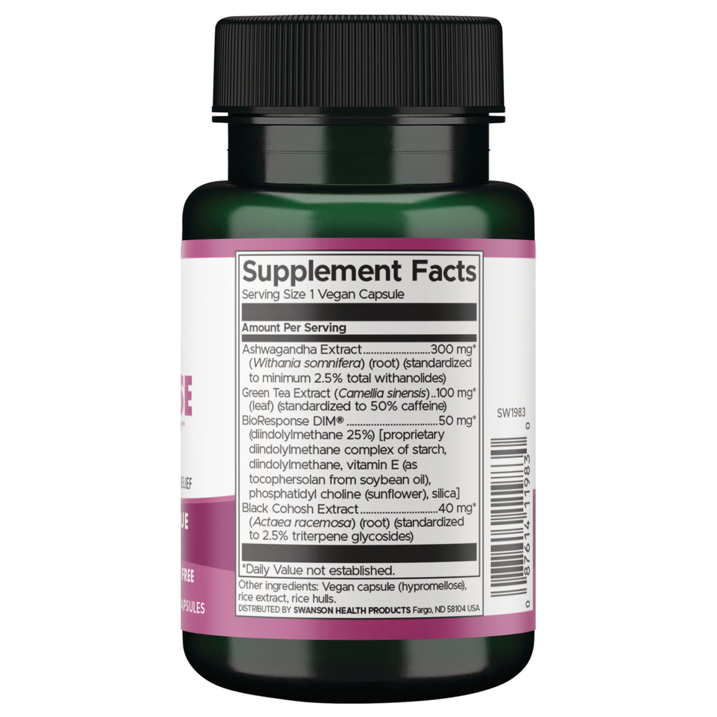 SW1983 | Supplement Facts panel: Serving Size 1 vegan capsule; lists Ashwagandha 300 mg, Green Tea 100 mg and DIM 50 mg - Thumbnail