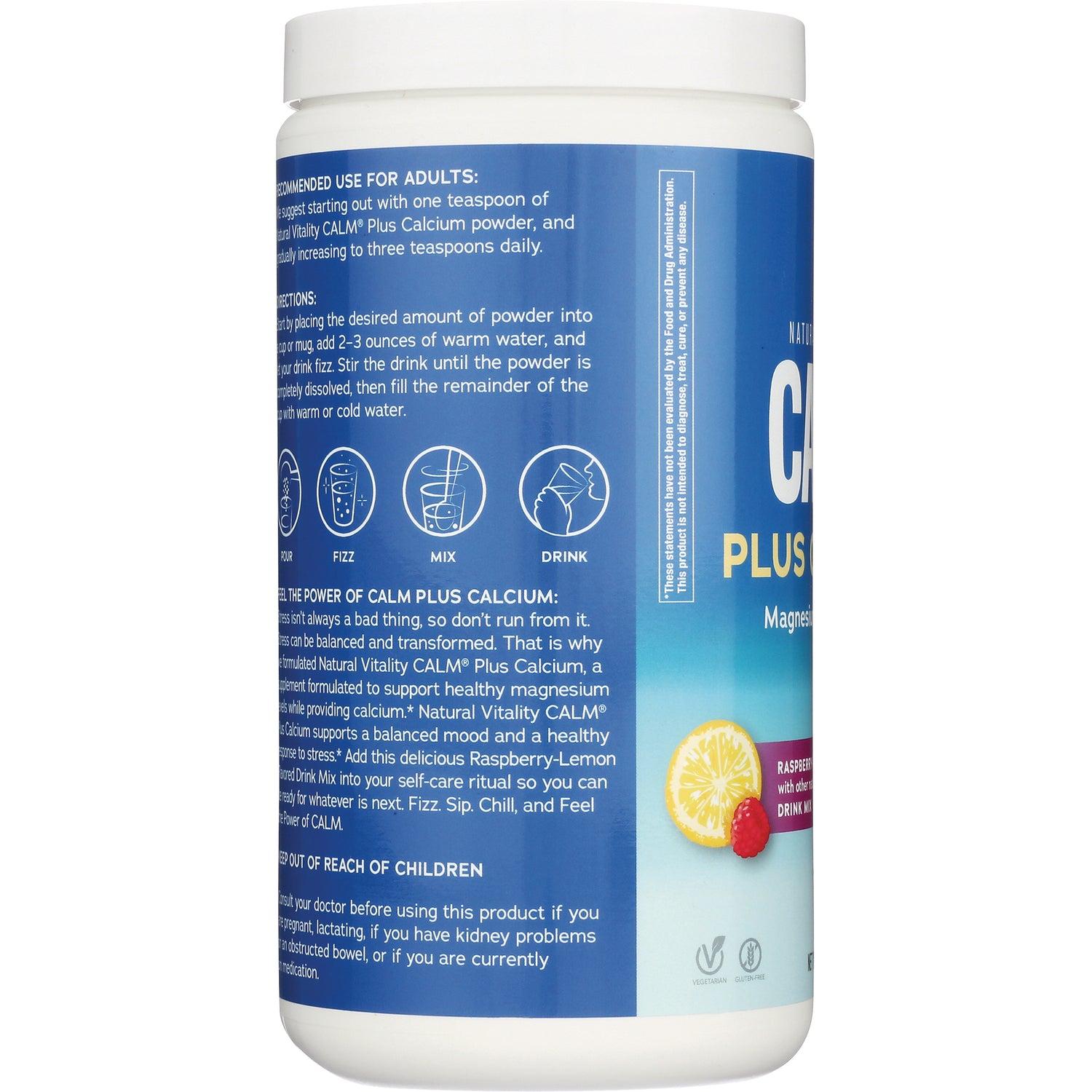 NVT010 | product infographic on jar showing usage icons, directions, and raspberry-lemon serving suggestion