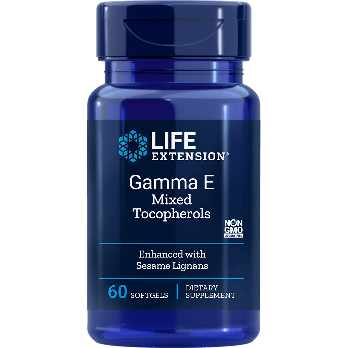 LE410 | Life Extension Gamma E Mixed Tocopherols 60 softgels bottle front labeled Enhanced with Sesame Lignans