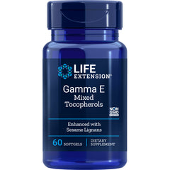 LE410 | Life Extension Gamma E Mixed Tocopherols 60 softgels bottle front labeled Enhanced with Sesame Lignans