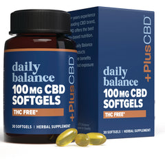 CV050 | bottle and box of Daily Balance 100 mg CBD softgels labeled THC FREE with three yellow softgel capsules