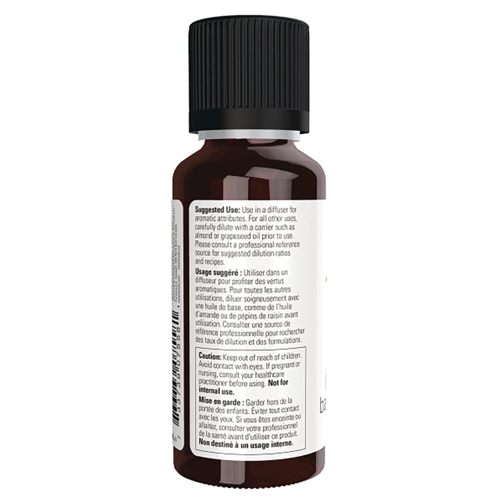 NWF615 | Back of brown essential oil bottle with white label showing suggested use and caution text and black ribbed cap - Thumbnail