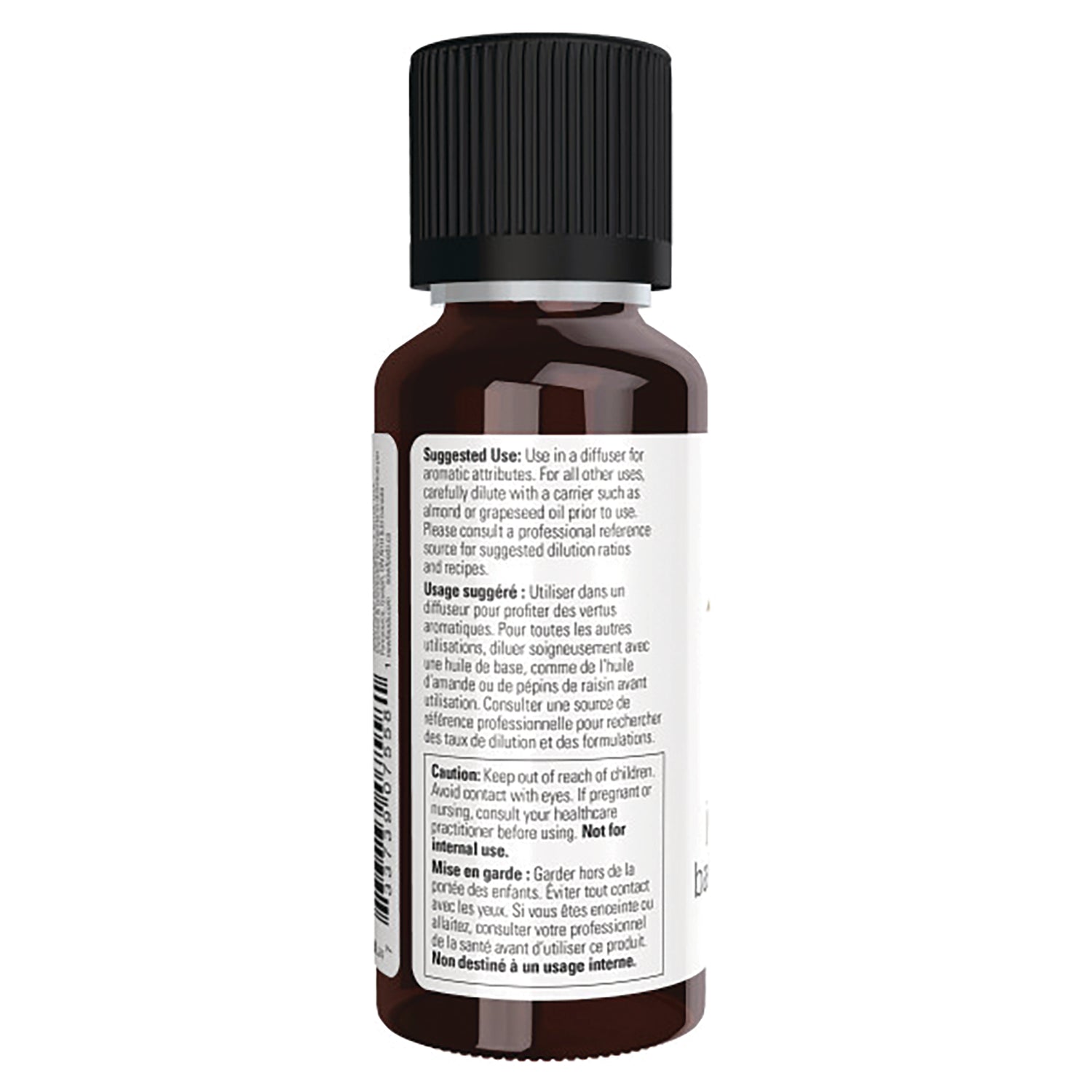NWF615 | Back of brown essential oil bottle with white label showing suggested use and caution text and black ribbed cap