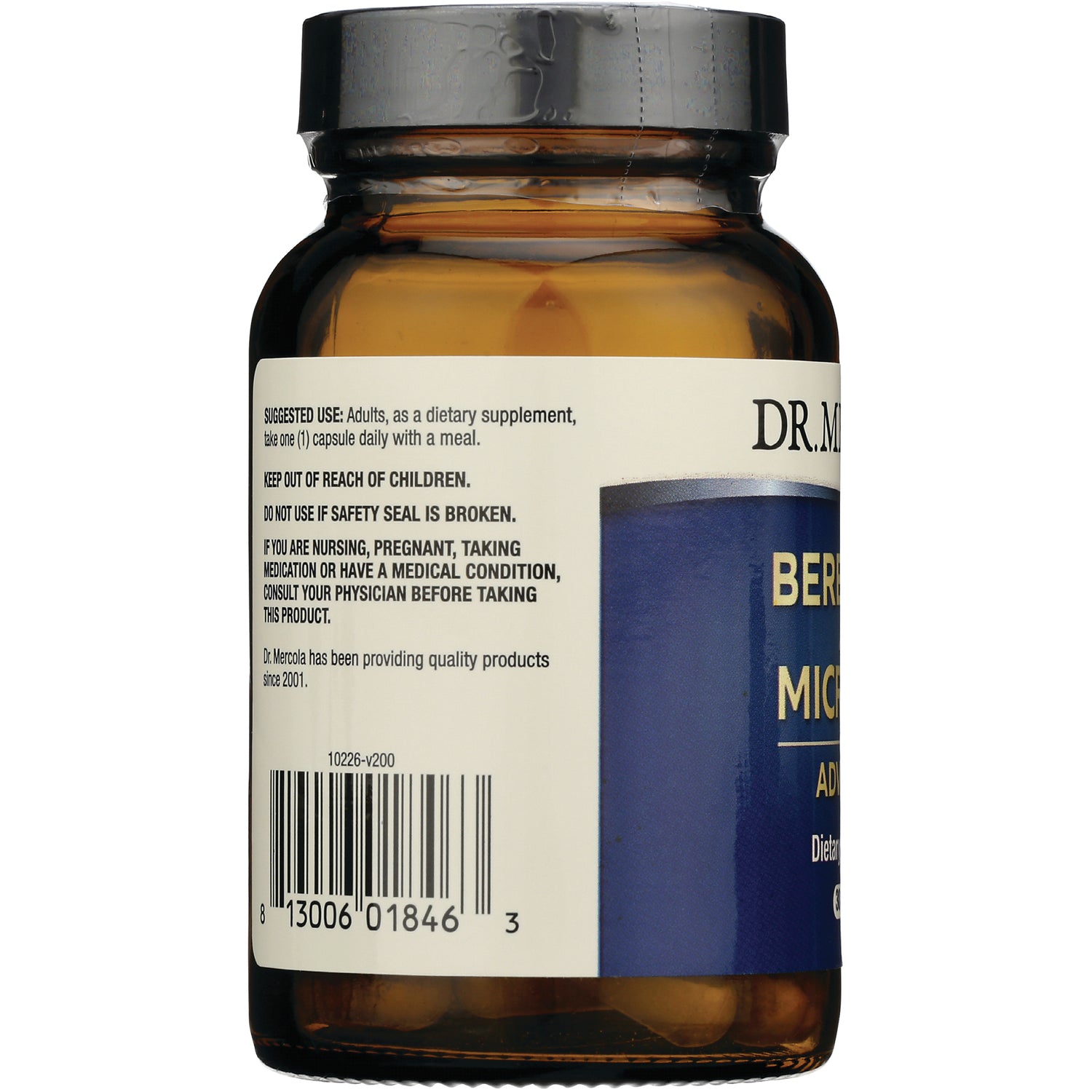 MRC093 | Back of amber supplement bottle showing warning text, suggested use and barcode