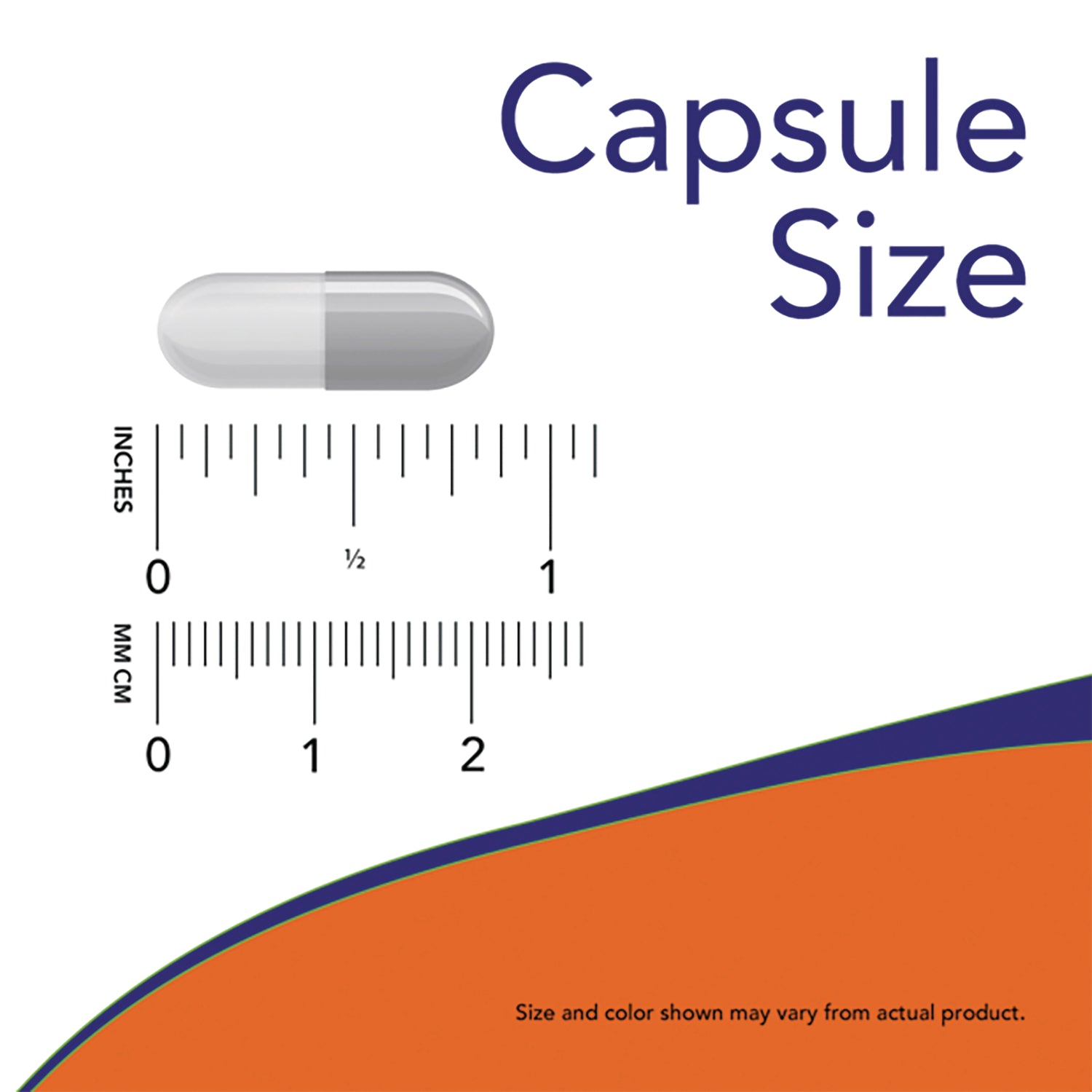 NWF1371 | Capsule size graphic with gray capsule above inch and millimeter rulers labeled Capsule Size