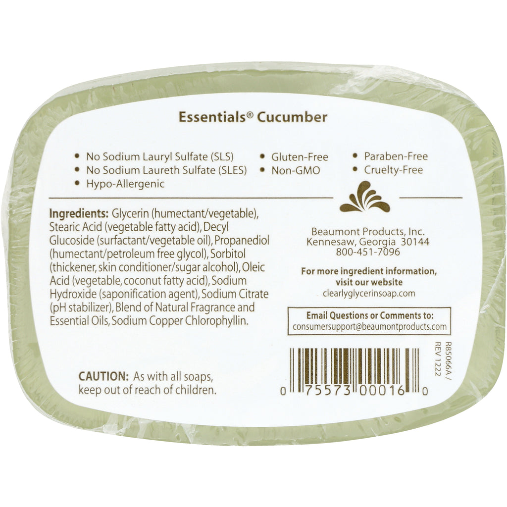 CLN005 | Back label of Essentials Cucumber soap showing ingredients list, product claims and barcode - Thumbnail