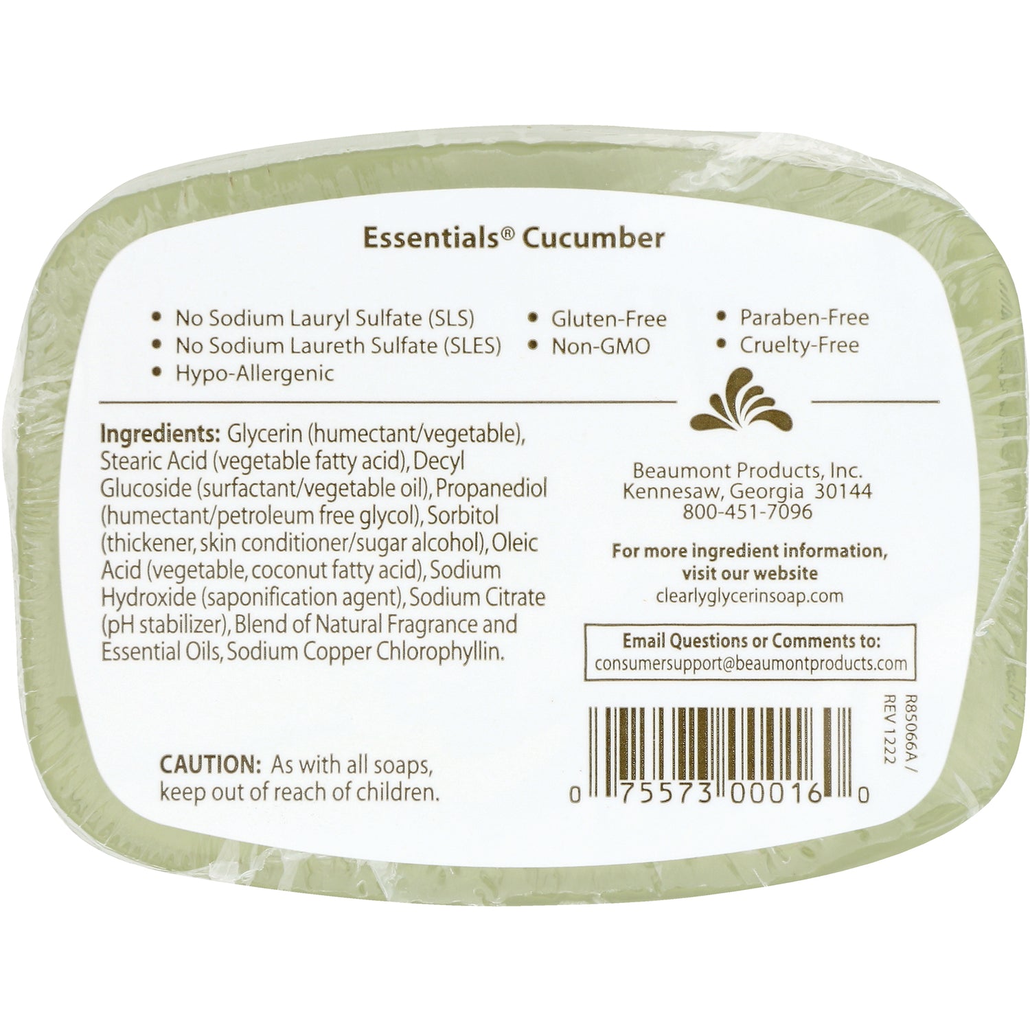 CLN005 | Back label of Essentials Cucumber soap showing ingredients list, product claims and barcode