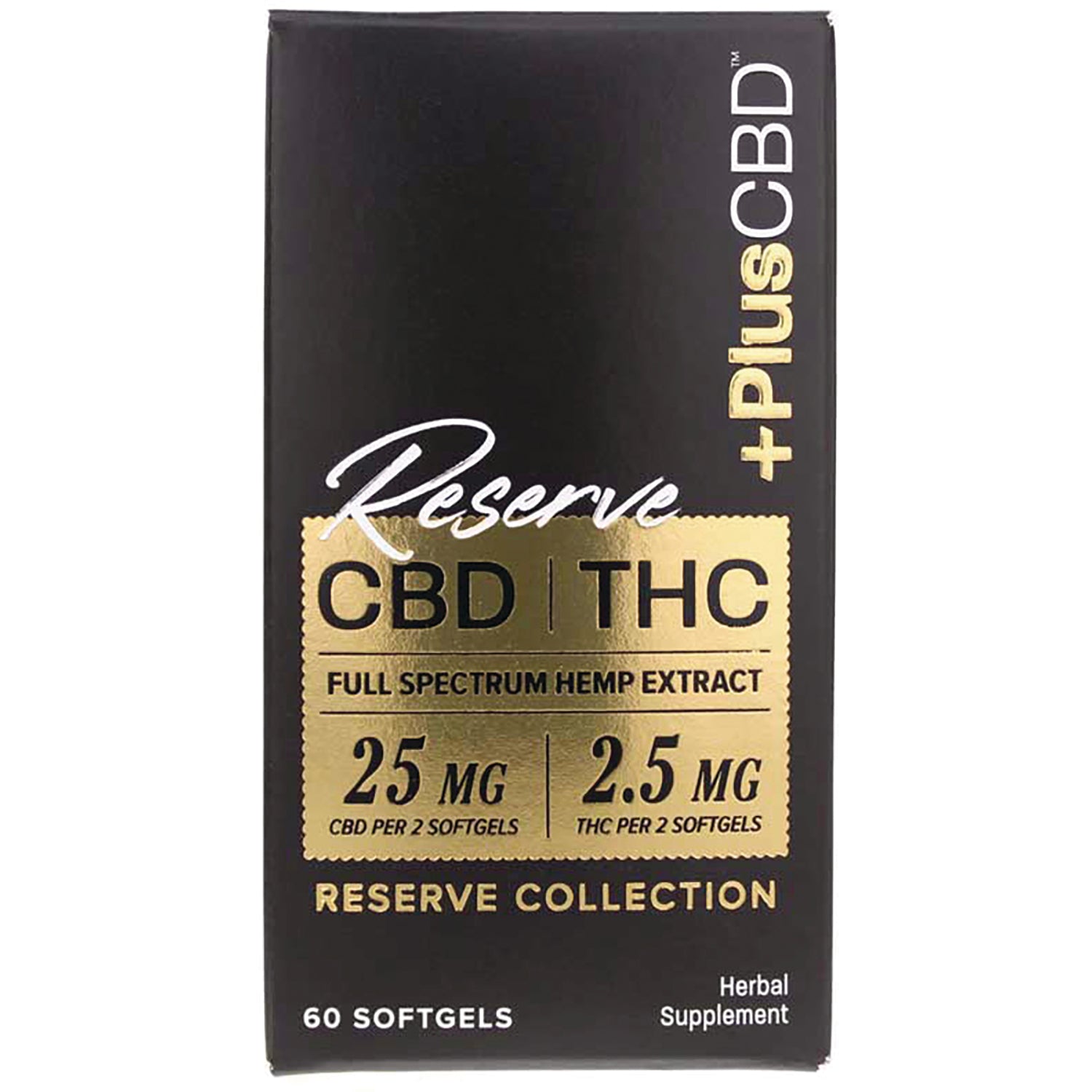 CV042 | black and gold Reserve CBD THC box labeled Reserve Collection, 60 softgels, 25 mg CBD per 2 softgels