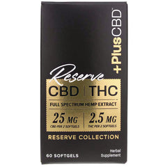 CV042 | black and gold Reserve CBD THC box labeled Reserve Collection, 60 softgels, 25 mg CBD per 2 softgels