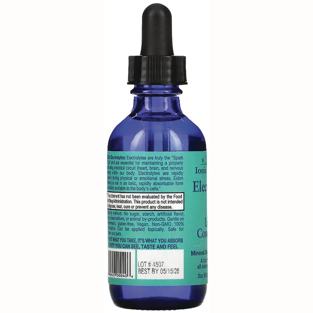 EIM032 | Back of blue glass dropper bottle showing teal label with ingredient text, barcode, and lot and best-by date - Thumbnail