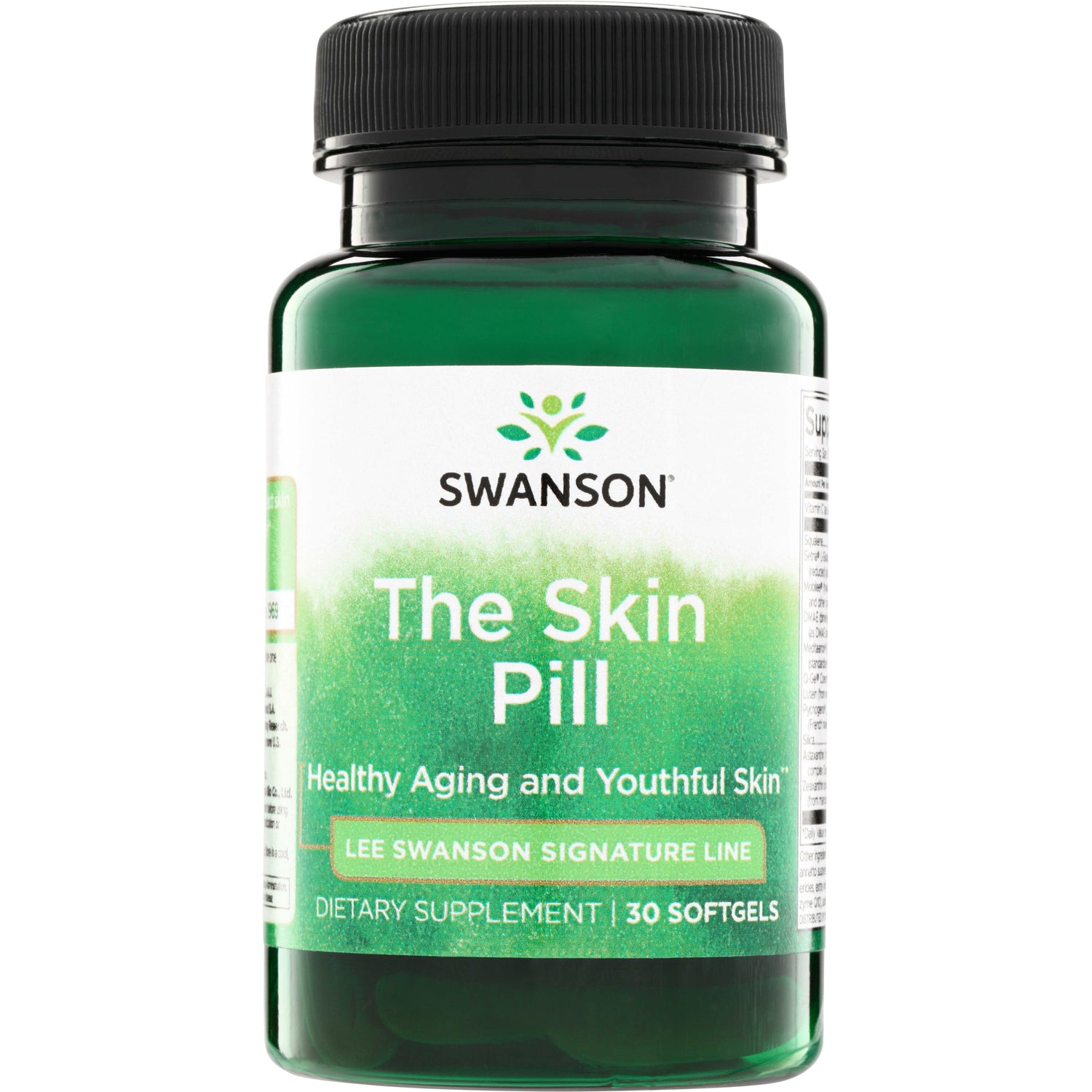 SWL020 | Swanson The Skin Pill dietary supplement bottle with green label reading "The Skin Pill" and "30 softgels"