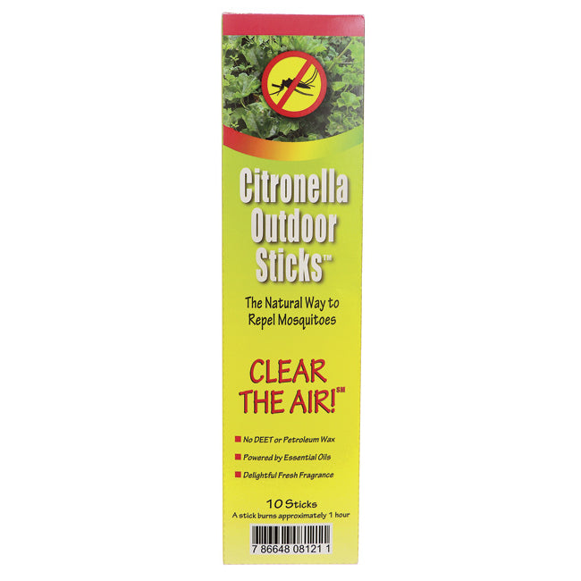 NMA006 | Citronella Outdoor Sticks box front showing product name, tagline CLEAR THE AIR and barcode - Thumbnail