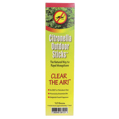 NMA006 | Citronella Outdoor Sticks box front showing product name, tagline CLEAR THE AIR and barcode